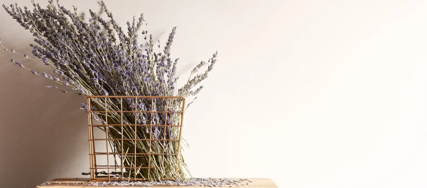 Dried lavender bundles in a wire basket